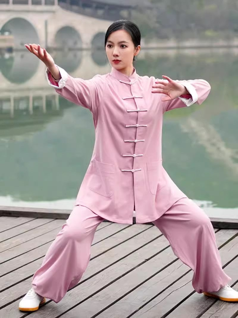 Wudang Mountain Tai Chi Hanfu with Two-Tone Cuffs: Gender-Neutral, Natural Silk and Linen Blend - Authentic Traditional Chinese Martial Arts Uniform