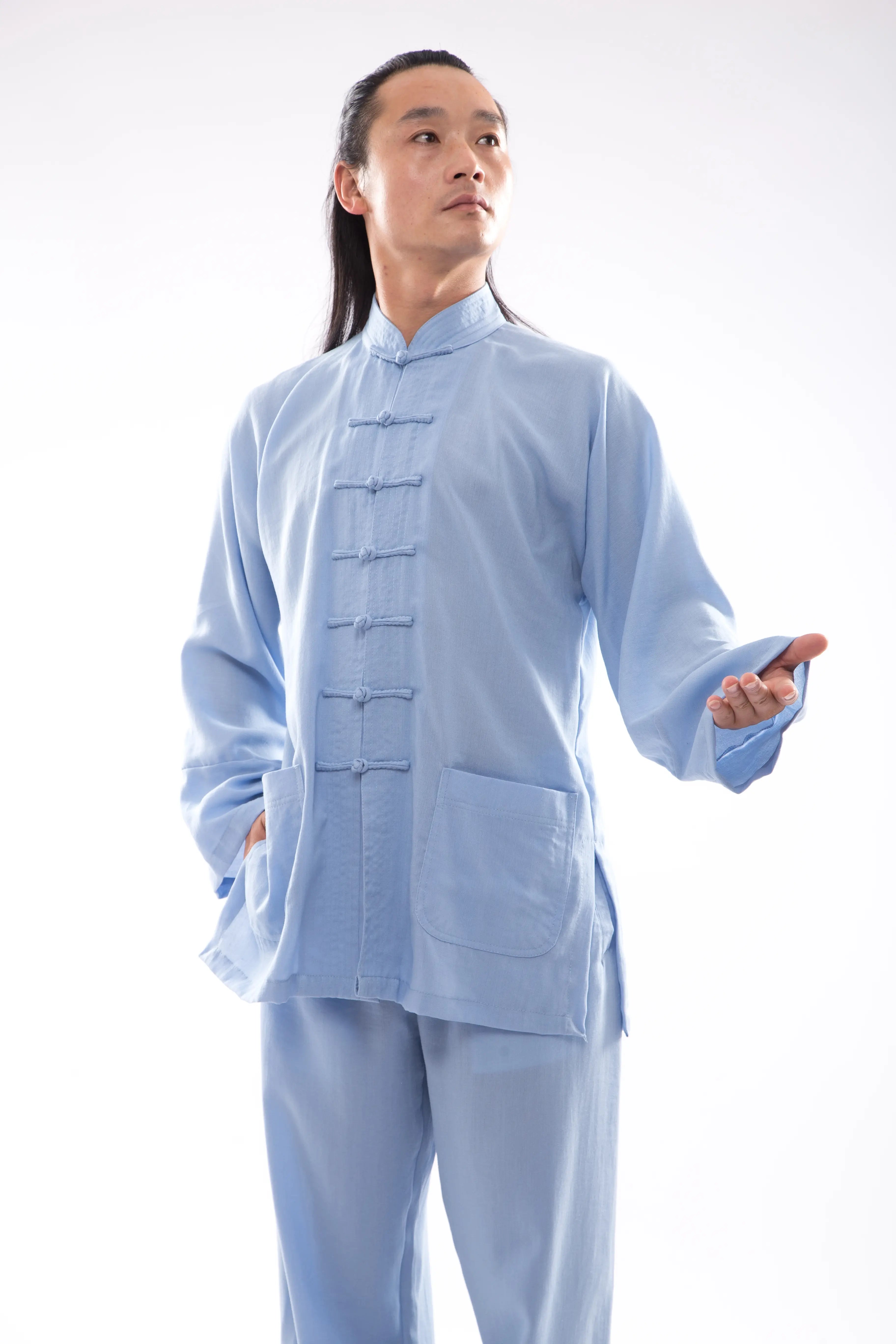 Ethereal Light Blue Wudang Mountain Tai Chi Hanfu: Gender-Neutral, 100% Natural Linen - Sophisticated Traditional Chinese Martial Arts Attire