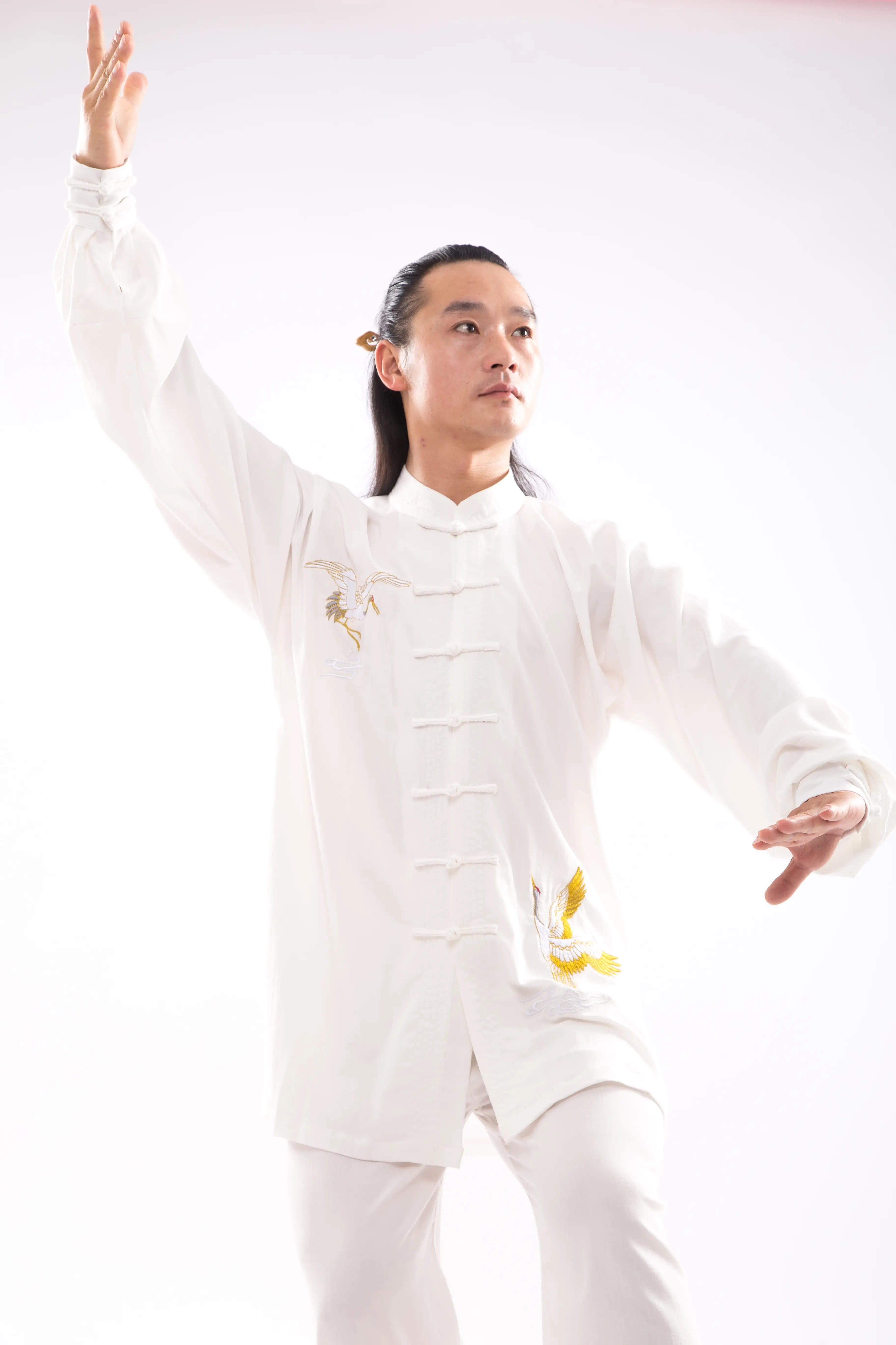 White Wudang Mountain Tai Chi Ensemble: Unisex, Elegantly Embroidered Crane, Premium Silk & Linen - Exquisite Traditional Chinese Martial Arts Attire