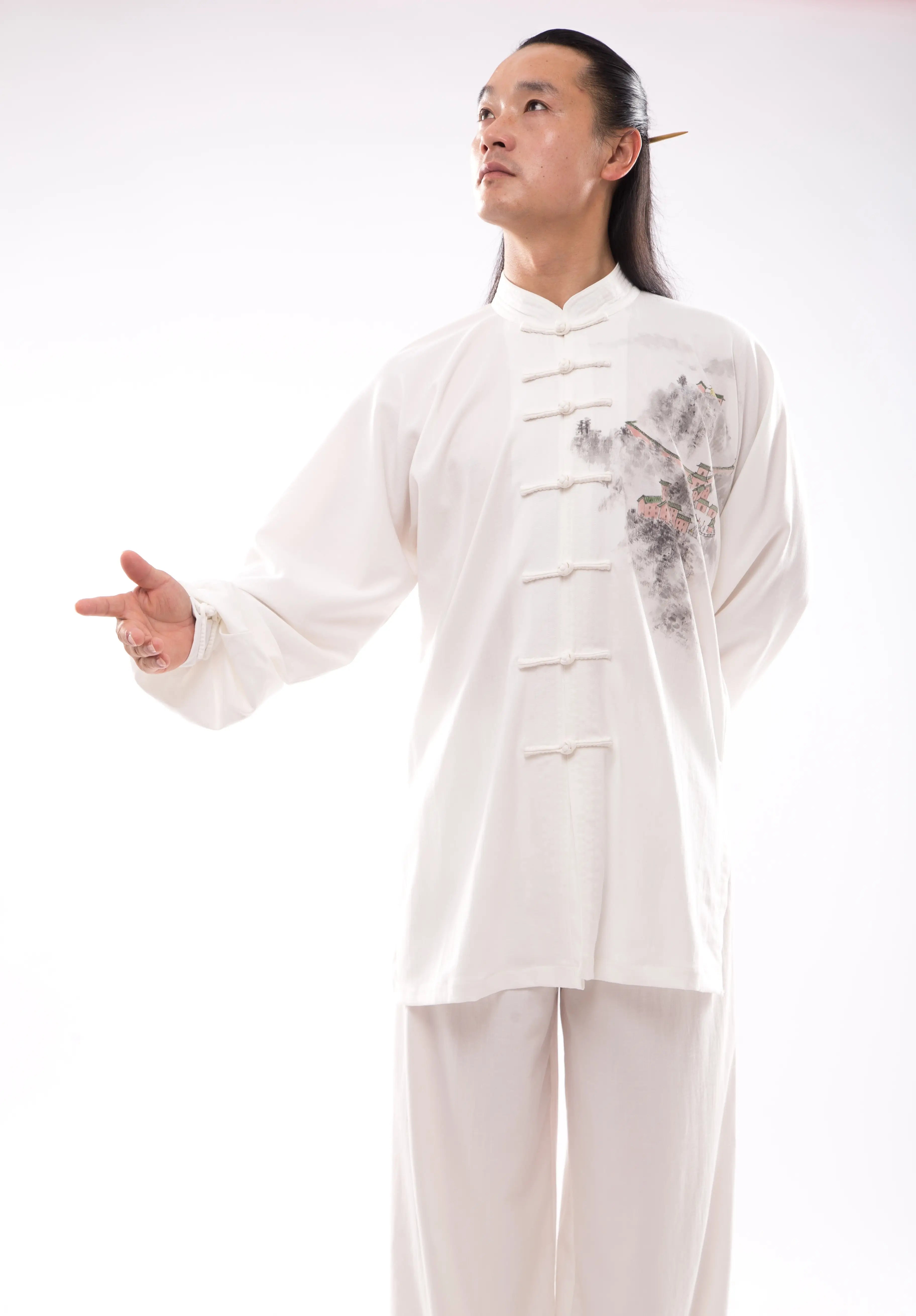 Tai Chi Hanfu: Gender-Neutral, Luxurious Natural Silk & Linen Blend - Authentic Traditional Chinese Martial Arts Wear Hand-Painted Wudang Mountain Scenery