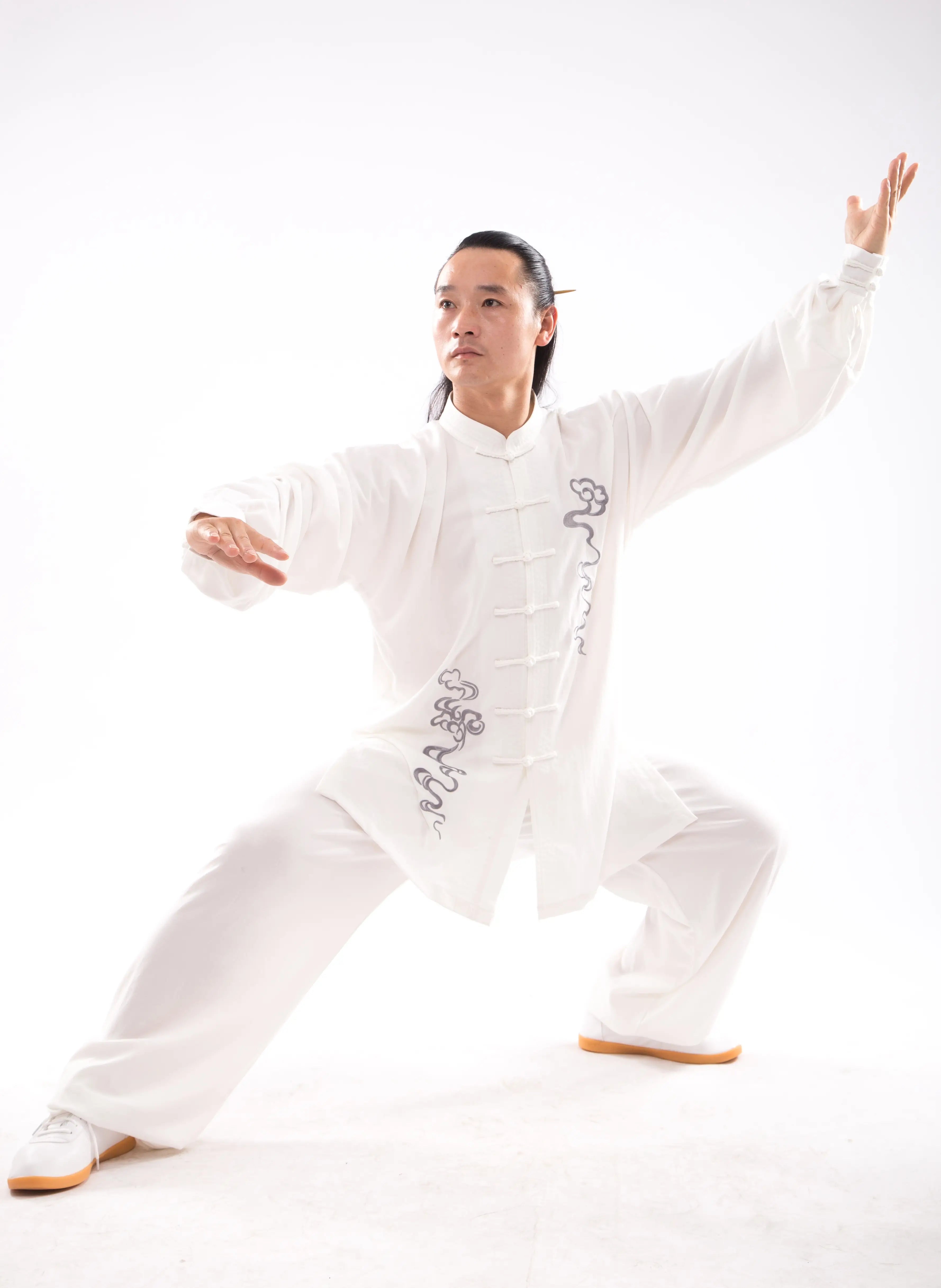 Classical White Auspicious Cloud Embroidered Wudang Tai Chi Wellness Ensemble: Unisex, Silk-Linen Blend - Timelessly Elegant Traditional Hanfu Martial Arts Uniform