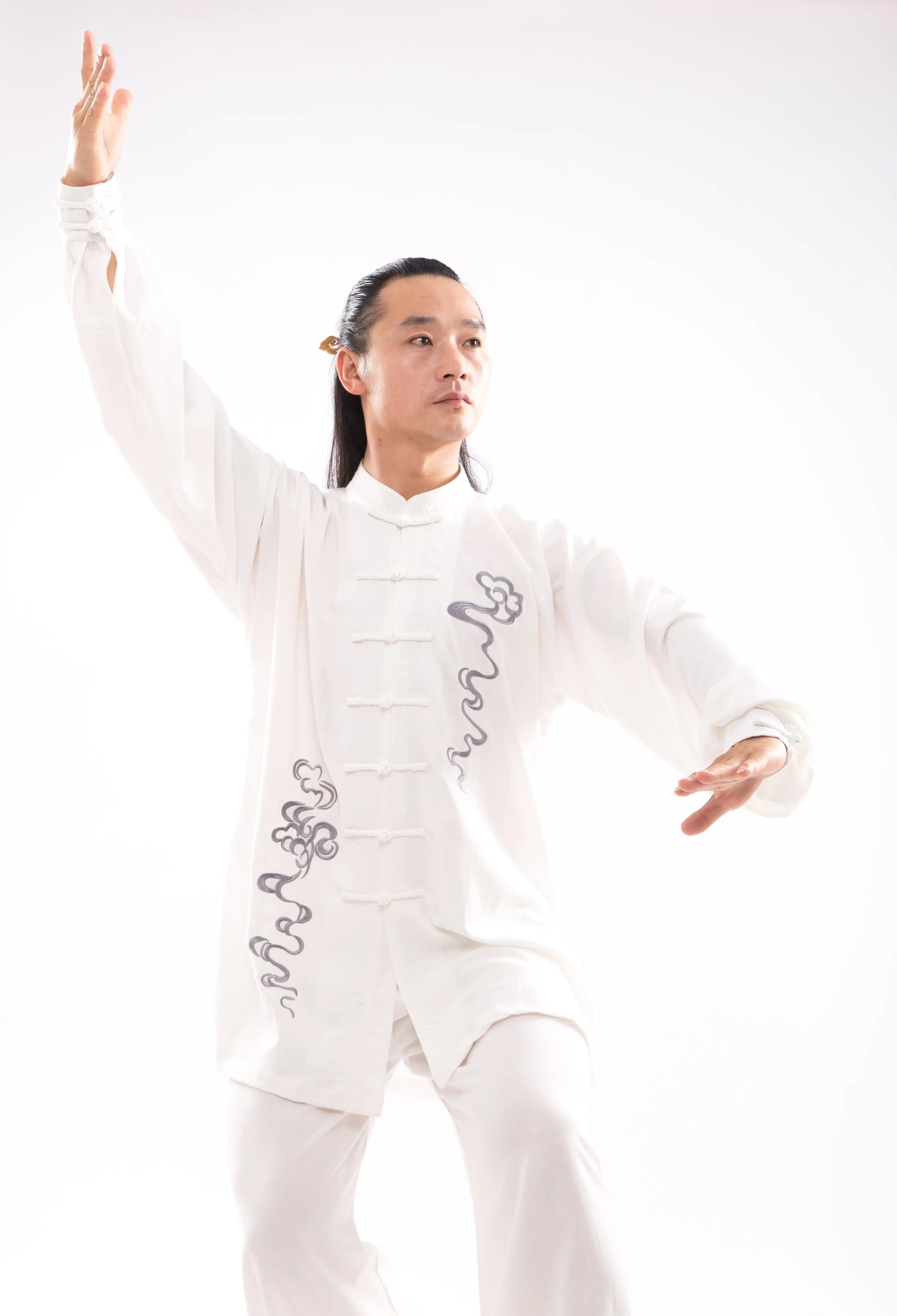 Classical White Auspicious Cloud Embroidered Wudang Tai Chi Wellness Ensemble: Unisex, Silk-Linen Blend - Timelessly Elegant Traditional Hanfu Martial Arts Uniform