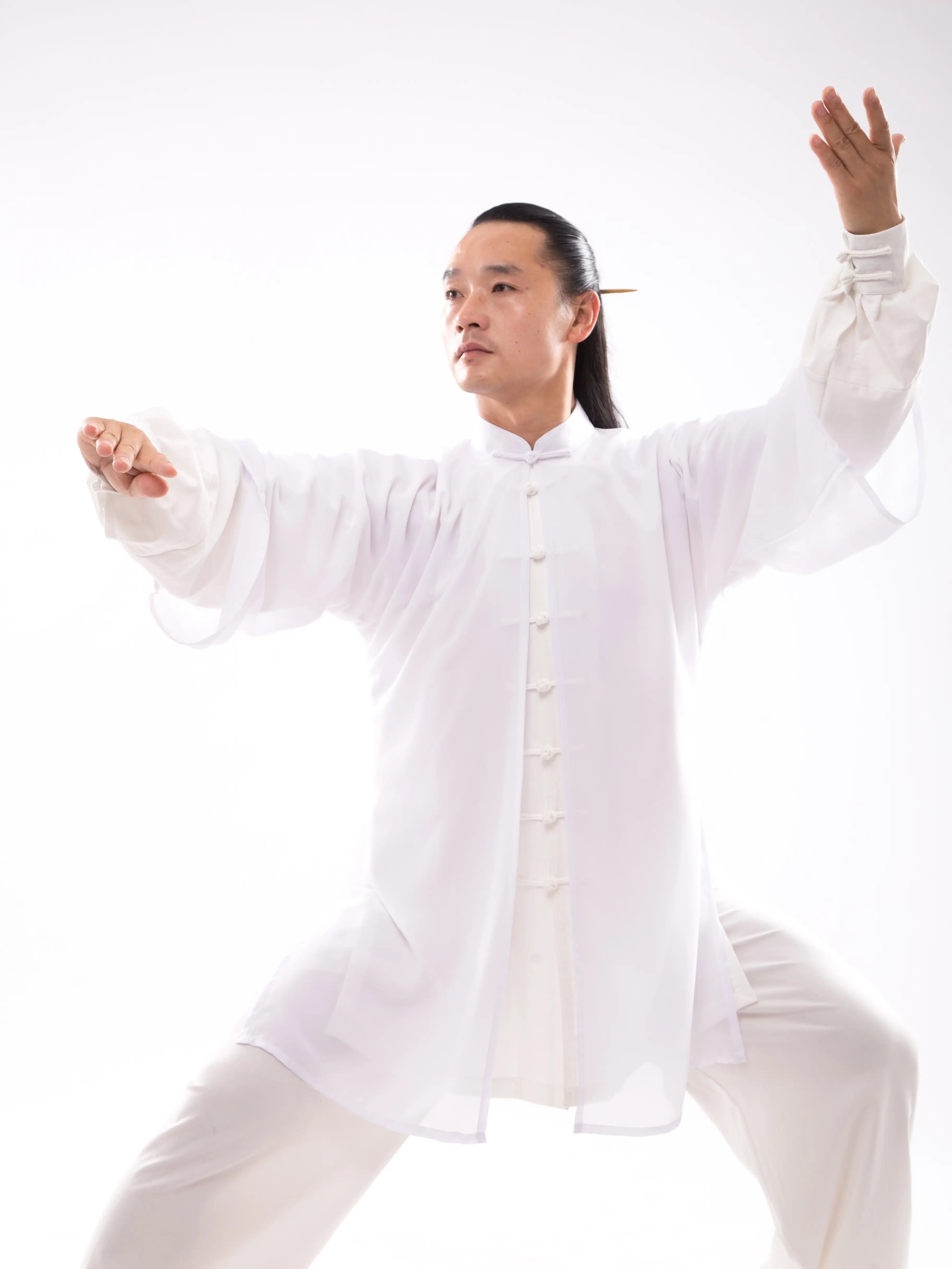 Classical White Wudang Mountain Tai Chi Hanfu: Unisex,  Sheer Overlay, Premium Silk & Linen Blend - Splendid Traditional Chinese Martial Arts Attire