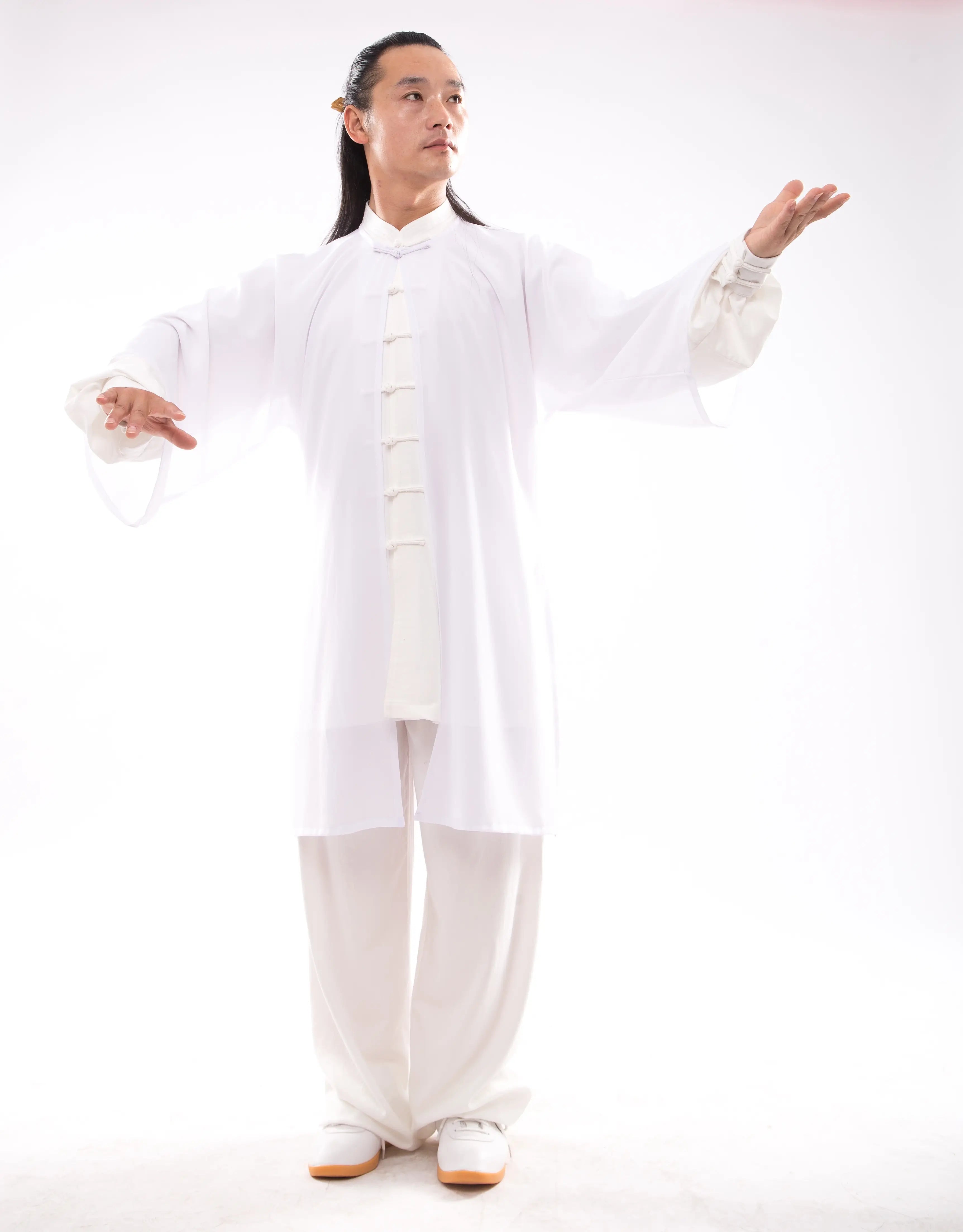 Classical White Wudang Mountain Tai Chi Hanfu: Unisex,  Sheer Overlay, Premium Silk & Linen Blend - Splendid Traditional Chinese Martial Arts Attire